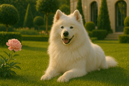 Samoyède blanc au poil long et démêlé après application du démêlant naturel pour chien Botany Dog